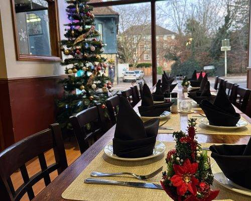 Lebanese Village restaurant dining room decorated for Christmas group bookings and holiday celebrations