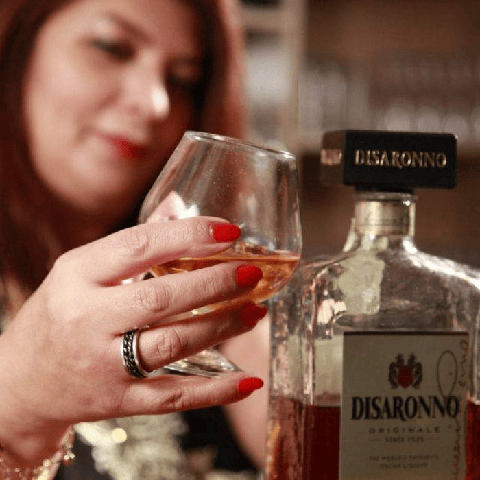 Disaronno amaretto liqueur served in a glass at Lebanese Village restaurant bar.